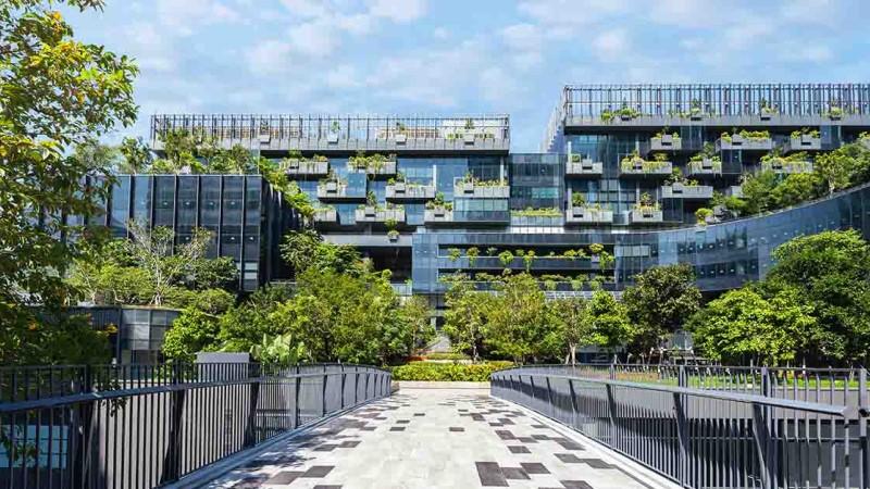 Beautiful pathway of high rise green office building 