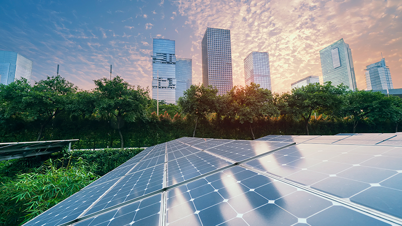 Solar panels on grassy field overlooking city skyline at sunset