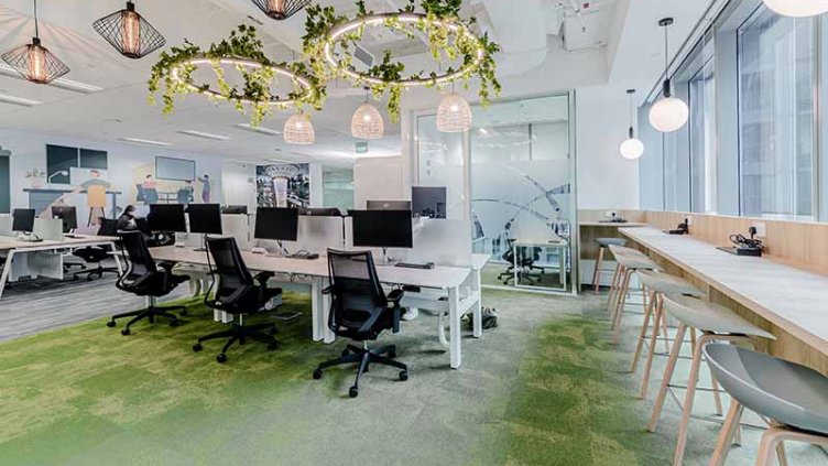 Office that focuses on employee well-being, fosters collaboration, and incorporate sustainable design features