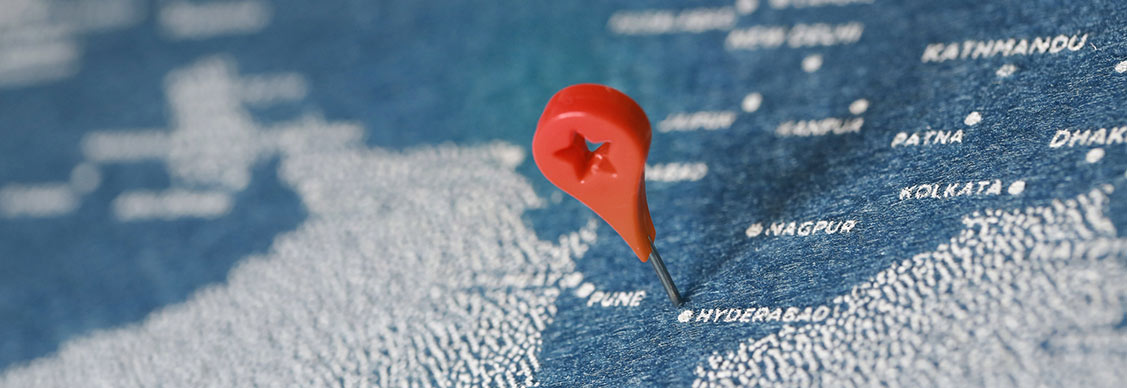location pin on the blue painted map, India