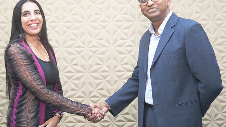 Radha Dhir, CEO & Country Head, India, JLL and Nataraja Subramanian, Managing Director, Miebach Consulting, India, after signing the partnership agreement at Bengaluru, India