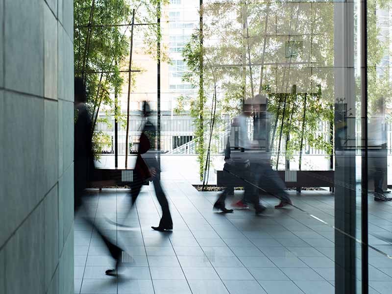 People walking in a green workspace