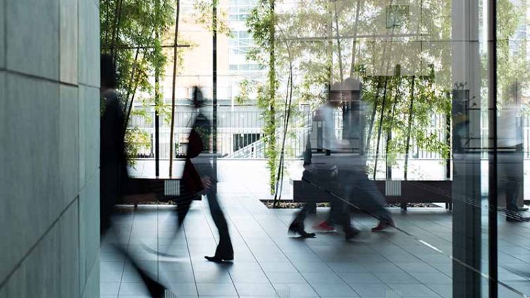 People walking in a green workspace