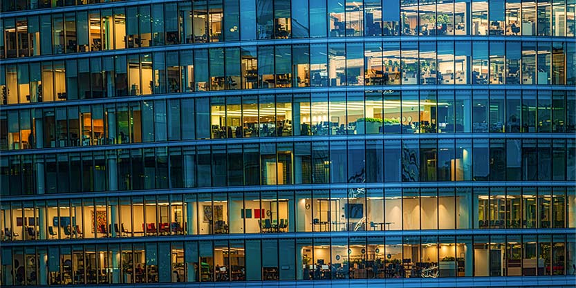 Office buildings with people