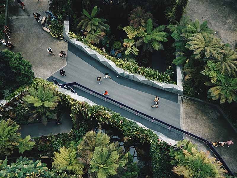 Aerial view of people walking on a bridge