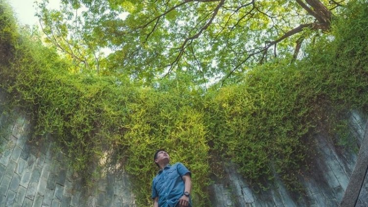 Man standing in front of greenery and brick wall